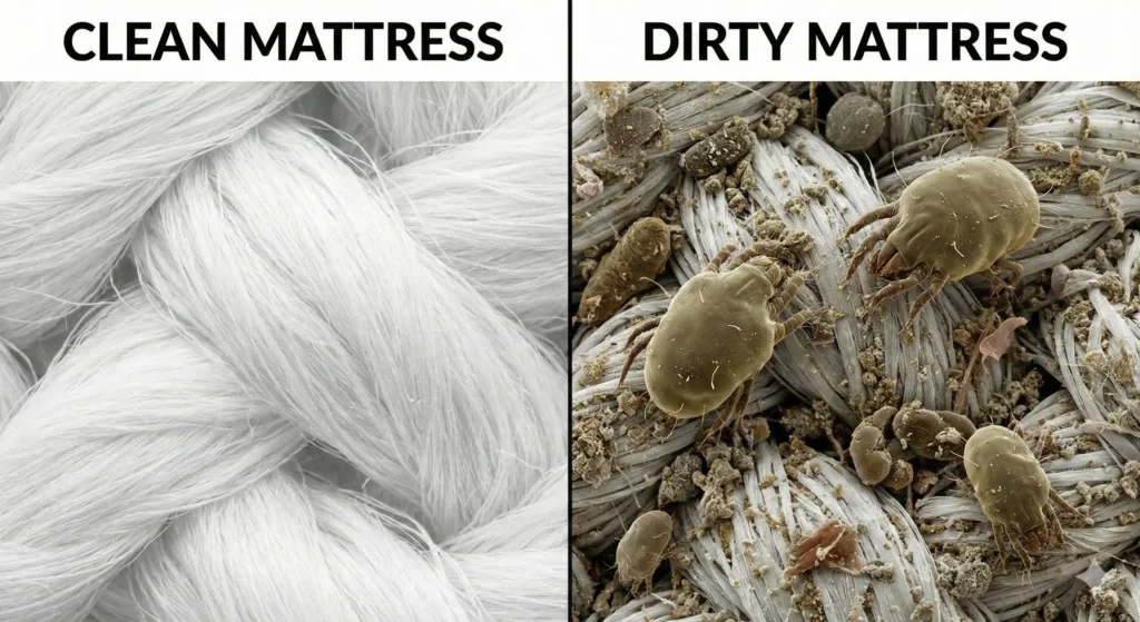 tampak kasur bersih dengan kasur kotor yang banyak tungau penyebab gatal-gatal