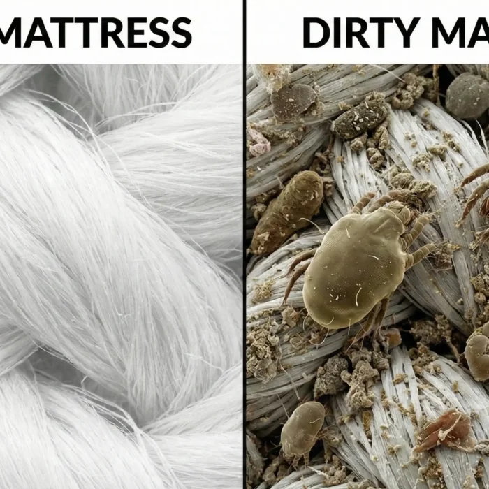 tampak kasur bersih dengan kasur kotor yang banyak tungau penyebab gatal-gatal